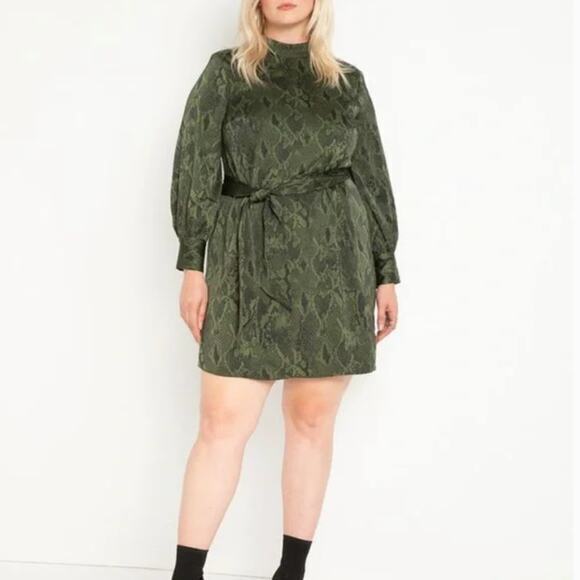 New! Eloquii green snake skin high neck belted‎ silky dress, size 26 - Picture 1 of 11